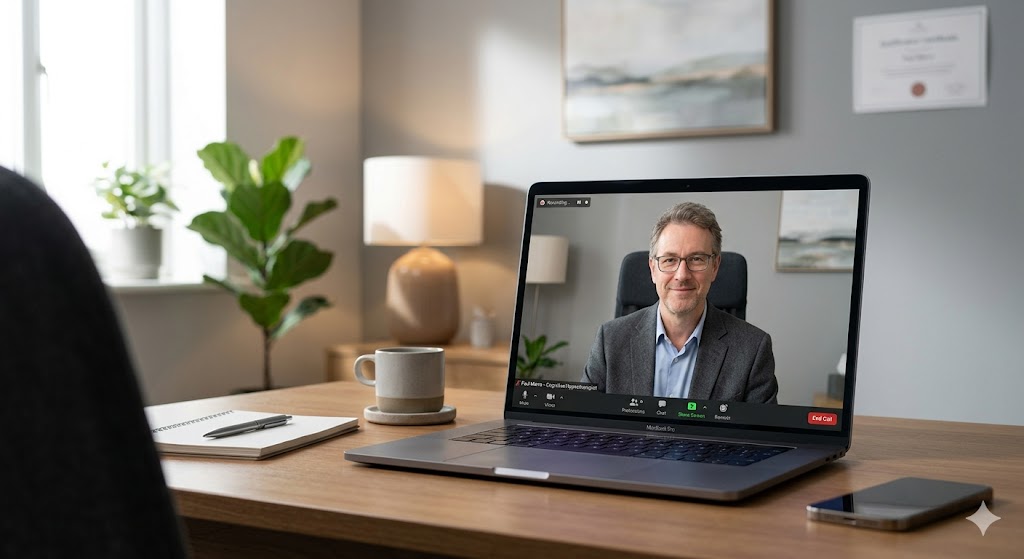 Secure online video Cognitive Hypnotherapy session layout with Paul Marro